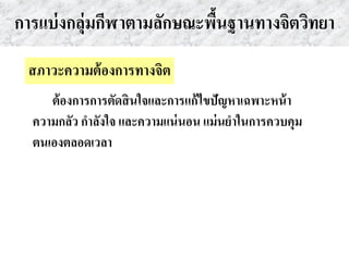 การแบ่งกลุ่มกีฬาตามลักษณะพื้นฐานทางจิตวิทยา
สภาวะความต้องการทางจิต
ต้องการการตัดสินใจและการแก้ไขปัญหาเฉพาะหน้า
ความกลัว กาลังใจ และความแน่นอน แม่นยาในการควบคุม
ตนเองตลอดเวลา
 