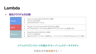 Lambda
● 他社クラウドとの比較
イベントドリブンでコードを動かすサーバーレスアーキテクチャ
の流れは今後加速する！！
Azure
● Azure Functionsを2016年4月より提供
● ランタイムをOSS化
● C#やPHPもサポートする
GCP
● Google Cloud Functionsを2016年2月より提供
● API GatewayなしでFunctions単体でHTTPリクエストにより起動できる
Bluemix
● OpenWhiskを2016年2月より提供
● ランタイムをOSS化
● Bluemix上のサービスとして提供され、イベントドリブンでSwiftやDockerコンテナも動く
 