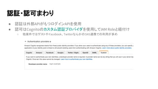 認証・認可まわり
● 認証は外部APIがもつログインAPIを使用
● 認可はCognitoのカスタム認証プロバイダを使用してIAM Roleと紐付け
○ 他案件ではゲストや Facebook、TwitterなんかのSNS連携での利用が多め
login.example
 