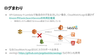 ログまわり
● API Gateway＋Lambdaで独自のログを出力したい場合、CloudWatchLogsは適さず
KinesisやElasticSearchServiceの利用を推奨
○ 事例のシステム構成では Kinesis経由でS3に保存している
● なおCloudWatchLogsはS3にエクスポート出来る
● awslogs（https://github.com/jorgebastida/awslogs）などのCLIも併用
CloudWatchLogs
同期出力
ElasticSearchService
Kinesis
非同期出力
エクスポート
 