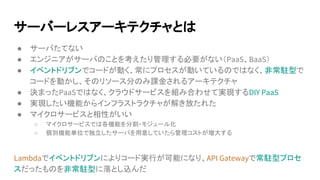 サーバーレスアーキテクチャとは
● サーバたてない
● エンジニアがサーバのことを考えたり管理する必要がない（PaaS、BaaS）
● イベントドリブンでコードが動く、常にプロセスが動いているのではなく、非常駐型で
コードを動かし、そのリソース分のみ課金されるアーキテクチャ
● 決まったPaaSではなく、クラウドサービスを組み合わせて実現するDIY PaaS
● 実現したい機能からインフラストラクチャが解き放たれた
● マイクロサービスと相性がいい
○ マイクロサービスでは各機能を分割・モジュール化
○ 個別機能単位で独立したサーバを用意していたら管理コストが増大する
Lambdaでイベントドリブンによりコード実行が可能になり、API Gatewayで常駐型プロセ
スだったものを非常駐型に落とし込んだ
 