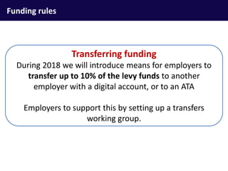 Funding rules
Transferring funding
During 2018 we will introduce means for employers to
transfer up to 10% of the levy funds to another
employer with a digital account, or to an ATA
Employers to support this by setting up a transfers
working group.
 