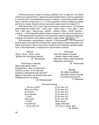 36
Дождь
По небу голубому
Проехал грохот грома,
И снова всё молчит...
С. Маршак
Соотнесение слова и схемы (выбор того и другого из пред
ложенных вариантов) с пристальным вниманием к месту ударения,
к количеству и последовательности звуков, к разграничению твёр
дых и мягких согласных и т. п. («Послушайте слово и найдите (выбе
рите) его схему. Какую схему под какой картинкой поставите?»)
Выявление (на слух) фонетических признаков, которыми
различаются слова: пел – спел, рот – крот, стол – стул, дом – том,
нос – нёс, мел – мель и др.; замо´к – за´мок, По´ля – поля´, стра´ны –
страны´... («Послушайте пары слов и скажите, чем они отличаются.»)
Исправление ошибок в составленных фонетических моделях.
(«Верно ли ребята составили схему слова зима: ?»)
Узнавание «рисующих» звуков. («Послушайте. Что слышите?
Какой звук повторяется и помогает представить нарисованную сло
вами картинку?») Если захотите, можете не сообщать детям назва
ния стихотворений, а предлагать озаглавить самим.
Мыши
Тише, тише, тише, тише,
Шелестят на крыше мыши...
И. Токмакова
Разговор с пчелой
Меня ужалила пчела.
Я закричал: «Как ты смогла?!»
Пчела в ответ: «А ты как мог
Сорвать любимый мой цветок?
Ведь он мне был уж жасно нуж жен:
Я берегла его на ужин».
М. Бородицкая
Лягушки
Чьи там крики у пруда:
– Квасу, квасу нам сюда!
Ква ква квасу, простокваши,
Надоела нам вода!..
И. Токмакова
Усталый поезд
...Что ж я стал?
Мне не спать,
А стучать.
На стрелке:
– Стук!
На стыке:
– Стук!
А на мосту:
– Я тут как тут!
Я тут как тут!
Я тут как тут!
Я тут как тут!
Я тут как тут!
Я тут как тут!
Я тут как тут!
Лечу качу,
Туда, где ждут.
Ту Ту у у у уууу ууу!..
В. Левин
 