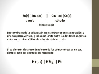 Zn(s)| Zn2+(ac) || Cu2+(ac)│Cu(s)
anodo cátodo
puente salino
Los terminales de la celda están en los extremos en esta notación, y
una sola barra vertical, │ indica un limite entre las dos fases, digamos
entre un terminal sólido y la solución del electrodo.
Si se tiene un electrodo donde uno de los componentes es un gas,
como el caso del electrodo de hidrógeno:
H+(ac) | H2(g) | Pt
 
