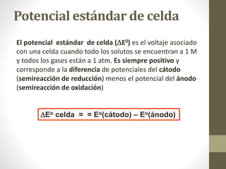 Potencial estándar de celda
El potencial estándar de celda (E0) es el voltaje asociado
con una celda cuando todo los solutos se encuentran a 1 M
y todos los gases están a 1 atm. Es siempre positivo y
corresponde a la diferencia de potenciales del cátodo
(semireacción de reducción) menos el potencial del ánodo
(semireacción de oxidación)
Eo celda = = Eo(cátodo) – Eo(ánodo)
 