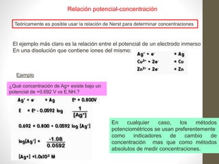 Relación potencial-concentración
Teóricamente es posible usar la relación de Nerst para determinar concentraciones
El ejemplo más claro es la relación entre el potencial de un electrodo inmerso
En una disolución que contiene iones del mismo:
Ejemplo
¿Qué concentración de Ag+ existe bajo un
potencial de +0.692 V vs E.NH.?
En cualquier caso, los métodos
potenciométricos se usan preferentemente
como indicadores de cambio de
concentración mas que como métodos
absolutos de medir concentraciones.
 