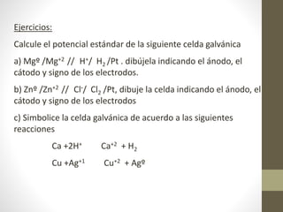 Ejercicios:
Calcule el potencial estándar de la siguiente celda galvánica
a) Mgº /Mg+2 // H+/ H2 /Pt . dibújela indicando el ánodo, el
cátodo y signo de los electrodos.
b) Znº /Zn+2 // Cl-/ Cl2 /Pt, dibuje la celda indicando el ánodo, el
cátodo y signo de los electrodos
c) Simbolice la celda galvánica de acuerdo a las siguientes
reacciones
Ca +2H+ Ca+2 + H2
Cu +Ag+1 Cu+2 + Agº
 