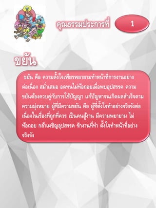 1คุณธรรมประการที่
ขยัน
ขยัน คือ ความตั้งใจเพียรพยายามทาหน้าที่การงานอย่าง
ต่อเนื่อง สม่าเสมอ อดทนไม่ท้อถอยเมื่อพบอุปสรรค ความ
ขยันต้องควบคู่กับการใช้ปัญญา แก้ปัญหาจนเกิดผลสาเร็จตาม
ความมุ่งหมาย ผู้ที่มีความขยัน คือ ผู้ที่ตั้งใจทาอย่างจริงจังต่อ
เนื่องในเรื่องที่ถูกที่ควร เป็นคนสู้งาน มีความพยายาม ไม่
ท้อถอย กล้าเผชิญอุปสรรค รักงานที่ทา ตั้งใจทาหน้าที่อย่าง
จริงจัง
 
