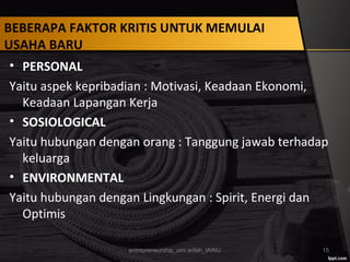 BEBERAPA FAKTOR KRITIS UNTUK MEMULAI
USAHA BARU
• PERSONAL
Yaitu aspek kepribadian : Motivasi, Keadaan Ekonomi,
Keadaan Lapangan Kerja
• SOSIOLOGICAL
Yaitu hubungan dengan orang : Tanggung jawab terhadap
keluarga
• ENVIRONMENTAL
Yaitu hubungan dengan Lingkungan : Spirit, Energi dan
Optimis
entrepreneurship_umi arifah_IAINU 15
 