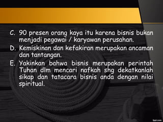 C. 90 presen orang kaya itu karena bisnis bukan
menjadi pegawai / karyawan perusahan.
D. Kemiskinan dan kefakiran merupakan ancaman
dan tantangan.
E. Yakinkan bahwa bisnis merupakan perintah
Tuhan dlm mencari nafkah shg dekatkanlah
sikap dan tatacara bisnis anda dengan nilai
spiritual.
 