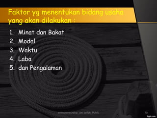 Faktor yg menentukan bidang usaha
yang akan dilakukan :
1. Minat dan Bakat
2. Modal
3. Waktu
4. Laba
5. dan Pengalaman
entrepreneurship_umi arifah_IAINU 70
 