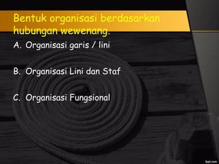 Bentuk organisasi berdasarkan
hubungan wewenang.
A. Organisasi garis / lini
B. Organisasi Lini dan Staf
C. Organisasi Fungsional
 