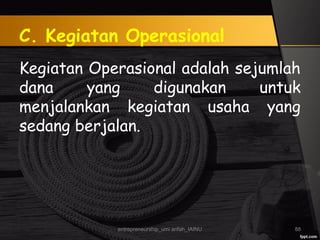C. Kegiatan Operasional
Kegiatan Operasional adalah sejumlah
dana yang digunakan untuk
menjalankan kegiatan usaha yang
sedang berjalan.
entrepreneurship_umi arifah_IAINU 88
 
