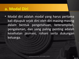 a. Modal Diri
• Modal diri adalah modal yang harus pertama
kali dipupuk sejak dini oleh diri masing-masing
dalam bentuk pengetahuan, keterampilan,
pengalaman, dan yang paling penting adalah
kesehatan jasmani, rohani serta dukungan
keluarga.
entrepreneurship_umi arifah_IAINU 90
 