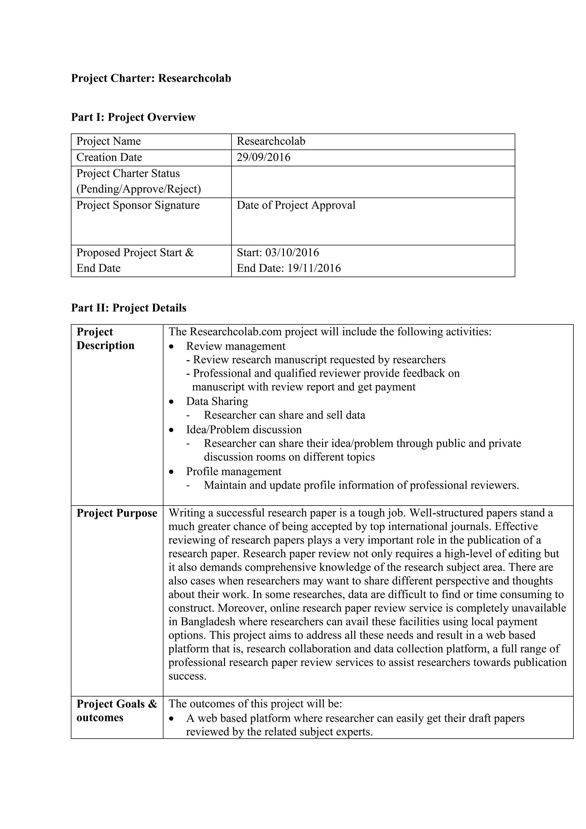 Project Charter: Researchcolab
Part I: Project Overview
Project Name Researchcolab
Creation Date 29/09/2016
Project Charter Status
(Pending/Approve/Reject)
Project Sponsor Signature Date of Project Approval
Proposed Project Start &
End Date
Start: 03/10/2016
End Date: 19/11/2016
Part II: Project Details
Project
Description
The Researchcolab.com project will include the following activities:
 Review management
- Review research manuscript requested by researchers
- Professional and qualified reviewer provide feedback on
manuscript with review report and get payment
 Data Sharing
- Researcher can share and sell data
 Idea/Problem discussion
- Researcher can share their idea/problem through public and private
discussion rooms on different topics
 Profile management
- Maintain and update profile information of professional reviewers.
Project Purpose Writing a successful research paper is a tough job. Well-structured papers stand a
much greater chance of being accepted by top international journals. Effective
reviewing of research papers plays a very important role in the publication of a
research paper. Research paper review not only requires a high-level of editing but
it also demands comprehensive knowledge of the research subject area. There are
also cases when researchers may want to share different perspective and thoughts
about their work. In some researches, data are difficult to find or time consuming to
construct. Moreover, online research paper review service is completely unavailable
in Bangladesh where researchers can avail these facilities using local payment
options. This project aims to address all these needs and result in a web based
platform that is, research collaboration and data collection platform, a full range of
professional research paper review services to assist researchers towards publication
success.
Project Goals &
outcomes
The outcomes of this project will be:
 A web based platform where researcher can easily get their draft papers
reviewed by the related subject experts.
 