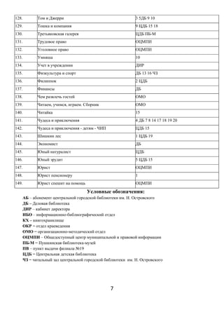 128. Том и Джерри 3 5ДБ 9 10
129. Тошка и компания 9 ЦДБ 15 18
130. Третьяковская галерея ЦДБ ПБ-М
131. Трудовое право ОЦМПИ
132. Уголовное право ОЦМПИ
133. Умняша 10
134. Учет в учреждении ДИР
135. Физкультура и спорт ДБ 13 16 ЧЗ
136. Филиппок 2 ЦДБ
137. Финансы ДБ
138. Чем развлечь гостей ОМО
139. Читаем, учимся, играем. Сборник ОМО
140. Читайка 15
141. Чудеса и приключения 4 ДБ 7 8 14 17 18 19 20
142. Чудеса и приключения - детям - ЧИП ЦДБ 15
143. Шишкин лес 1 ЦДБ 19
144. Экономист ДБ
145. Юный натуралист ЦДБ
146. Юный эрудит 5 ЦДБ 15
147. Юрист ОЦМПИ
148. Юрист пенсионеру 1
149. Юрист спешит на помощь ОЦМПИ
Условные обозначения:
АБ – абонемент центральной городской библиотеки им. Н. Островского
ДБ – Деловая библиотека
ДИР – кабинет директора
ИБО – информационно-библиографический отдел
КХ – книгохранилище
ОКР − отдел краеведения
ОМО − организационно-методический отдел
ОЦМПИ – Общедоступный центр муниципальной и правовой информации
ПБ-М − Пушкинская библиотека-музей
ПВ – пункт выдачи филиала №19
ЦДБ − Центральная детская библиотека
ЧЗ − читальный зал центральной городской библиотеки им. Н. Островского
7
 