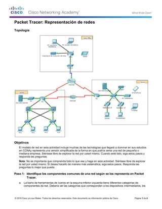 Página 1 de 4
Packet Tracer: Representación de redes
Topología
Objetivos
El modelo de red en esta actividad incluye muchas de las tecnologías que llegará a dominar en sus estudios
en CCNAy representa una versión simplificada de la forma en que podría verse una red de pequeña o
mediana empresa. Siéntase libre de explorar la red por usted mismo. Cuando esté listo, siga estos pasos y
responda las preguntas.
Nota: No es importante que comprenda todo lo que vea y haga en esta actividad. Siéntase libre de explorar
la red por usted mismo. Si desea hacerlo de manera más sistemática, siga estos pasos. Responda las
preguntas lo mejor que pueda.
Paso 1: Identifique los componentes comunes de una red según se los representa en Packet
Tracer.
a. La barra de herramientas de íconos en la esquina inferior izquierda tiene diferentes categorías de
componentes de red. Debería ver las categorías que corresponden a los dispositivos intermediarios, los
© 2016 Cisco y/o sus filiales. Todos los derechos reservados. Este documento es información pública de Cisco.
 