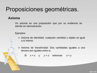 Proposiciones geométricas.
Un axioma es una proposición que por su evidencia se
admite sin demostración.
Axioma
 Axioma de Identidad: cualquien cantidad u objeto es igual
a si misma.
 Axioma de transitividad: Dos cantidades iguales a una
tercera son iguales entre si.
Ejemplos:
Si x = z y y = z entonces x = y
 
