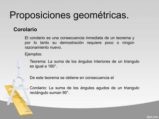 Proposiciones geométricas.
El corolario es una consecuencia inmediata de un teorema y
por lo tanto su demostración requiere poco o ningún
razonamiento nuevo.
Corolario
Teorema: La suma de los ángulos interiores de un triangulo
es igual a 180°.
De este teorema se obtiene en consecuencia el
Ejemplos:
Corolario: La suma de los ángulos agudos de un triangulo
rectángulo suman 90°.
 