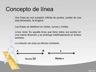 Concepto de línea
Una línea es una sucesión infinita de puntos; consta de una
sola dimensión, la longitud.
Las líneas se clasifican en rectas, curvas y mixtas.
Línea recta: Es aquella línea que tiene todos sus puntos en
una misma dirección y se prolonga indefinidamente en ambos
sentidos.
La notación de recta se efectúa mediante:
A B s
Recta s𝑹𝒆𝒄𝒕𝒂 𝑨𝑩
 