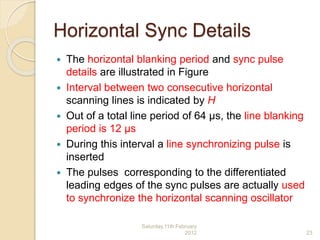 Horizontal Sync Details
 The horizontal blanking period and sync pulse
details are illustrated in Figure
 Interval between two consecutive horizontal
scanning lines is indicated by H
 Out of a total line period of 64 μs, the line blanking
period is 12 μs
 During this interval a line synchronizing pulse is
inserted
 The pulses corresponding to the differentiated
leading edges of the sync pulses are actually used
to synchronize the horizontal scanning oscillator
Saturday,11th February
2012 23
 