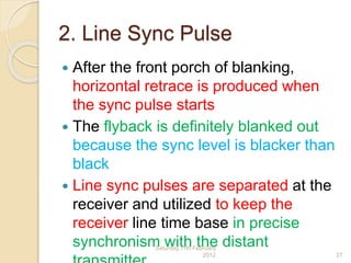 2. Line Sync Pulse
 After the front porch of blanking,
horizontal retrace is produced when
the sync pulse starts
 The flyback is definitely blanked out
because the sync level is blacker than
black
 Line sync pulses are separated at the
receiver and utilized to keep the
receiver line time base in precise
synchronism with the distantSaturday,11th February
2012 27
 