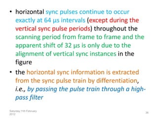 • horizontal sync pulses continue to occur
exactly at 64 μs intervals (except during the
vertical sync pulse periods) throughout the
scanning period from frame to frame and the
apparent shift of 32 μs is only due to the
alignment of vertical sync instances in the
figure
• the horizontal sync information is extracted
from the sync pulse train by differentiation,
i.e., by passing the pulse train through a high-
pass filter
Saturday,11th February
2012
36
 