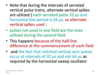 • Note that during the intervals of serrated
vertical pulse trains, alternate vertical spikes
are utilized ( each serrated pulse 32 μs and
horizontal line period is 64 μs, so alternate
vertical spikes used )
• pulses not used in one field are the ones
utilized during the second field
• This happens because of the half-line
difference at the commencement of each field
• and the fact that notched vertical sync pulses
occur at intervals of 32 μs and not 64 μs as
required by the horizontal sweep oscillator
Saturday,11th February
2012
44
 