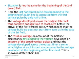 • Situation is not the same for the beginning of the 2nd
(even) field.
• Here the last horizontal pulse corresponding to the
beginning of 313th line is separated from the first
vertical pulse by only half-a-line.
• The voltage developed across the vertical filter will
thus not have enough time to reach zero before the
arrival of the first vertical pulse, which means that the
voltage build-up does not start from zero, as in the case
of the 1st field.
• The residual voltage on account of the half line
discrepancy gets added to the voltage developed on
account of the broad vertical pulses and thus the
voltage developed across the output filter is some
what higher at each instant as compared to the voltage
developed at the beginning of the first-field. This is
shown in dotted chain line
Saturday,11th February
2012
47
 