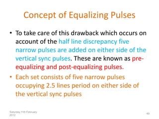 Concept of Equalizing Pulses
• To take care of this drawback which occurs on
account of the half line discrepancy five
narrow pulses are added on either side of the
vertical sync pulses. These are known as pre-
equalizing and post-equalizing pulses.
• Each set consists of five narrow pulses
occupying 2.5 lines period on either side of
the vertical sync pulses
Saturday,11th February
2012
49
 
