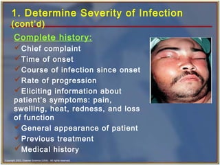 Copyright 2003, Elsevier Science (USA). All rights reserved.
1. Determine Severity of Infection
(cont’d)
Complete history:
Chief complaint
Time of onset
Course of infection since onset
Rate of progression
Eliciting information about
patient’s symptoms: pain,
swelling, heat, redness, and loss
of function
General appearance of patient
Previous treatment
Medical history
 