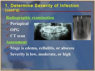 Copyright 2003, Elsevier Science (USA). All rights reserved.
1. Determine Severity of Infection
(cont’d)
Radiographic examination
Periapical
OPG
CT scan
Assessment
Stage is edema, cellulitis, or abscess
Severity is low, moderate, or high
 