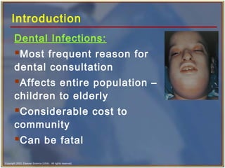 Copyright 2003, Elsevier Science (USA). All rights reserved.
Introduction
Dental Infections:
Most frequent reason for
dental consultation
Affects entire population –
children to elderly
Considerable cost to
community
Can be fatal
 