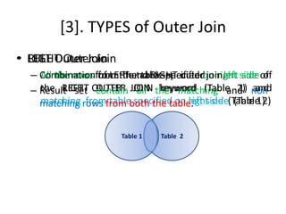 [3]. TYPES of Outer Join
• LEFT Outer Join
– All the rows from the table specified on left side of
the LEFT OUTER JOIN keyword (Table 1) and
matching from table specified on right side (Table 2)
Table 1 Table 2Table 2Table 1
• RIGHT Outer Join
– All the rows from the table specified on right side of
the RIGHT OUTER JOIN keyword (Table 2) and
matching from table specified on left side (Table 1)
• FULL Outer Join
– Combination of LEFT and RIGHT outer join.
– Result set contain all the matching and non
matching rows from both the table.
Table 2Table 1
 