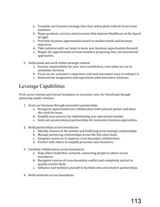 a. Translate'our'business'strategy'into'clear'action'plans'with'all'of'our'team'
members.''
b. Shape'products,'services'and'processes'that'improve'Healthcare'at'the'Speed'
of'Light.'
c. Prioritize'business'opportunities'based'on'market'trends'and'business'
objectives'
d. Take'initiative'with'our'team'to'move'new'business'opportunities'forward.'
e. Negate'the'apprehension'of'team'members'proposing'new,'unconventional'
approaches.''
5. Understand'and'work'within'strategic'context'
a. Assume'responsibility'for'your'own'contribution,'even'when'we'are'in'
unfamiliar'territory.'
b. Focus'on'our'customer’s'experience'and'seek'innovative'ways'to'enhance'it.''
c. Demonstrate'imagination'and'experiment'with'innovative'solutions.'
Leverage Capabilities
Work across internal and external boundaries to maximize value for OmniGuide through
optimizing simple solutions.
1. Grow'our'business'through'innovative'partnerships'
a. Recognize'opportunities'for'collaboration'with'external'parties'and'share'
this'with'the'team.'
b. Simplify'your'process'by'implementing'new'operational'models.'
c. Seek'out'unconventional'partnerships'for'innovative'business'approaches.'
2. Build'partnerships'across'boundaries'
a. Identify'winners'in'the'market'and'build'longEterm'strategic'relationships.'
b. Manage'partnering'relationships'across'the'full'value'chain.'
c. Integrate'resources'to'improve'crossEboundary'collaboration.'
d. Partner'with'others'to'simplify'processes'and'structures.'
3. Facilitate'collaboration'across'boundaries'
a. Help'others'build'their'network,'connecting'people'to'others'across'
boundaries.'
b. Recognize'sources'of'crossEboundary'conflict'and'complexity'and'act'to'
quickly'resolve'them.'
c. Influence'and'mobilize'yourself'to'facilitate'new'and'creative'partnerships.'
'
4. Build'networks'across'boundaries'
113
 