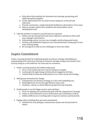 a. Help'others'find'solutions'for'themselves'by'listening,'questioning'and'
exploring'options'together.'
b. Create'opportunities'for'our'team'to'learn'and'grow,'on'the'job'and'
otherwise.'
c. Provide'constructive,'candid'and'timely'feedback'to'all'members'of'our'team.'
d. Help'our'people'explore'their'ambition'and'clearly'define'career'
development'need.''
'
5. Take'the'initiative'to'improve'yourself'and'your'expertise'
a. Define'your'personal'growth'and'career'objectives'and'discuss'them'with'
your'managers'and'mentors.''
b. Acknowledge'and'act'on'your'own'strengths'and'developmental'needs.''
c. Actively'seek'feedback'to'improve'your'own'performance,'being'open'to'new'
ways'of'doing'things.'
d. Be'courageous'to'take'on'new'challenges'or'learn'new'skills.'
'
'
Inspire'Commitment'
'
Create'a'winning'mindset'by'mobilizing'people'around'our'strategy'and'building'an'
understanding'of'its'relevance.'Develop'an'inclusive'and'highEenergy'environment.'Earn'
trust'by'acting'as'a'role'model'for'our'team'and'our'customers.'
'
1. Instill'a'winning'mindset'and'exhibit'enthusiasm''
a. Act'as'a'role'model'and'earn'trust'by'setting'an'example.'
b. Lead'people'through'change'and'keep'them'engaged'at'all'times.'
c. Commit'daily'to'Generate'enthusiasm'for'our'vision,'brand'and'strategy.'
'
2. Build'group'momentum'for'change.'
a. Communicate'our'business'strategy'in'a'clear'and'compelling'way.'
b. Build'high'levels'of'trust'through'effective'teamEwork.'
c. Facilitate'a'climate'in'which'different'people'feel'truly'included.''
'
3. Enable'people'to'see'the'bigger'picture'and'contribute'
a. Focus'on'aligning'your'productivity'goals'with'the'organization’s'strategy'
b. Foster'an'environment'for'active'involvement'and'contribution'of'ideas.''
c. Address'differences'in'working'style'to'improve'inclusion'and'teamwork.'
'
4. Engage'others,'building'their'personal'commitment'
a. Establish'two'way'dialogue,'communicate'clearly'and'actively'listen'to'
others.''
115
 