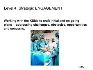 Working with the KDMs to craft initial and on-going
plans addressing challenges, obstacles, opportunities
and concerns.
235
 
