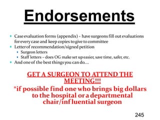 Caseevaluation forms (appendix) - have surgeons fill outevaluations
foreverycase and keep copies togive tocommittee
Letterof recommendation/signed petition
Surgeon letters
Staff letters – does OG make set upeasier, save time, safer, etc.
And oneof the best thingsyou can do....
GET A SURGEON TO ATTEND THE
MEETING!!!
*if possible find onewho brings big dollars
to the hospital oradepartmental
chair/inf luential surgeon
Endorsements
245
 