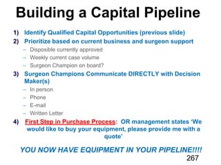 1) Identify Qualified Capital Opportunities (previous slide)
2) Prioritize based on current business and surgeon support
3) Surgeon Champions Communicate DIRECTLY with Decision
Maker(s)
4) First Step in Purchase Process: OR management states ‘We
would like to buy your , please provide me with a
quote’
YOU NOW HAVE IN YOUR PIPELINE!!!!
267
 