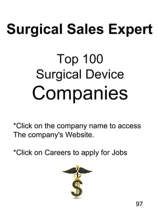 Top 100
Surgical Device
Companies
*Click on the company name to access
The company's Website.
*Click on Careers to apply for Jobs
97
Surgical Sales Expert
 