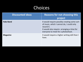 Choices
Discounted ideas Reasons for not choosing this
project
Fake Band It would require possibly creating some sort
of music, which I cannot do, I could only
record it.
It would also require arranging a time for
everyone to meet for a photoshoot.
Magazine It would require a higher writing skill than I
have.