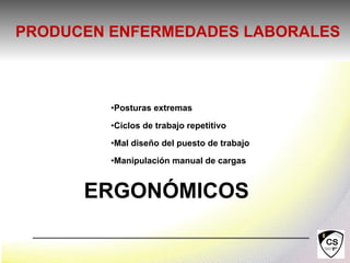 •Posturas extremas
•Ciclos de trabajo repetitivo
•Mal diseño del puesto de trabajo
•Manipulación manual de cargas
ERGONÓMICOS
PRODUCEN ENFERMEDADES LABORALES
 