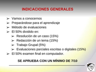 INDICACIONES GENERALES
➢ Vamos a conocernos
➢ Preparándose para el aprendizaje
➢ Método de evaluaciones
➢ El 50% dividido en:
➢ Resolución de un caso (15%)
➢ Redacción de un tema (15%)
➢ Trabajo Grupal (5%)
➢ Evaluaciones parciales escritas o digitales (15%)
➢ El 50% examen final en computador.
SE APRUEBA CON UN MÍNIMO DE 7/10
 