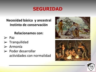 SEGURIDAD
Necesidad básica y ancestral
Instinto de conservación
Relacionamos con:
➢ Paz
➢ Tranquilidad
➢ Armonía
➢ Poder desarrollar
actividades con normalidad
 