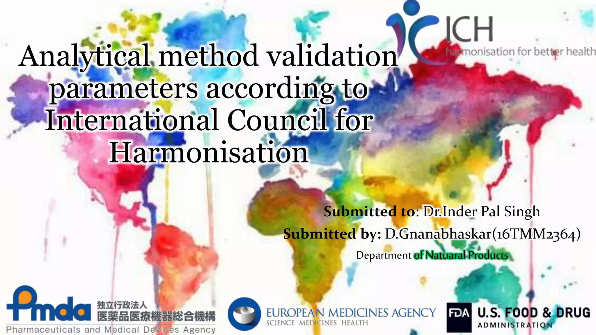 Analytical method validation
parameters according to
International Council for
Harmonisation
Submitted to: Dr.Inder Pal Singh
Submitted by: D.Gnanabhaskar(16TMM2364)
Department of Natuaral Products
 