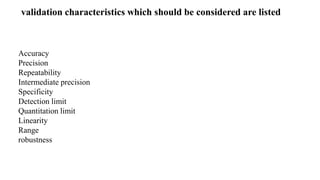 validation characteristics which should be considered are listed
Accuracy
Precision
Repeatability
Intermediate precision
Specificity
Detection limit
Quantitation limit
Linearity
Range
robustness
 