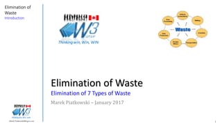 1Marek.Piatkowski@Rogers.com
Elimination of
Waste
Introduction
Thinkingwin, Win, WIN
Elimination of Waste
Elimination of 7 Types of Waste
Marek Piatkowski – January 2017
Thinkingwin, Win, WIN
 