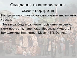 Складання та використання
схем - портретів
На підсумкових, повторювально-узагальнювальних
уроках.
Тут також буде можливим порівняння окремих
схем-портретів, наприклад, Ярослава Мудрого і
Володимира Великого, І. Мазепи і П. Орлика.
 