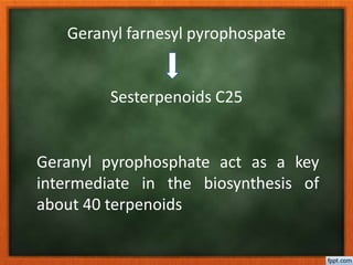 Geranyl farnesyl pyrophospate
Sesterpenoids C25
Geranyl pyrophosphate act as a key
intermediate in the biosynthesis of
about 40 terpenoids
 