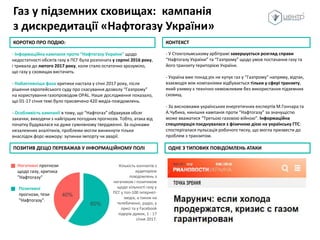 Газ у підземних сховищах: кампанія
з дискредитації «Нафтогазу України»
КОРОТКО ПРО ПОДІЮ:
60%
40%
Позитивні
прогнози, тези
"Нафтогазу".
Негативні прогнози
щодо газу, критика
"Нафтогазу"
- Інформаційна кампанія проти “Нафтогазу України” щодо
недостатності обсягів газу в ПСГ була розпочата у серпні 2016 року,
і тривала до лютого 2017 року, коли стало остаточно зрозуміло,
що газу у сховищах вистачить.
- Найактивніша фаза критики настала у січні 2017 року, після
рішення європейського суду про скасування дозволу “Газпрому”
на користування газопроводом OPAL. Наше дослідження показало,
що 01-17 січня темі було присвячено 420 медіа-повідомлень.
- Особливість кампанії в тому, що “Нафтогаз” обрахував обсяг
закачки, виходячи з найгірших погодних прогнозів. Тобто, атака від
початку будувалася на дуже сумнівному твердженні. За оцінками
незалежних аналітиків, проблеми могли виникнути тільки
внаслідок форс-мажору: зупинки імпорту чи аварії.
ПОЗИТИВ ДЕЩО ПЕРЕВАЖАВ У ІНФОРМАЦІЙНОМУ ПОЛІ ОДНЕ З ТИПОВИХ ПОВІДОМЛЕНЬ АТАКИ
КОНТЕКСТ
- У Стокгольмському арбітражі завершується розгляд справи
“Нафтогазу України” та “Газпрому” щодо умов постачання газу та
його транзиту територією України.
- Україна вже понад рік не купує газ у “Газпрому” напряму, відтак,
взаємодія між компаніями відбувається тільки у сфері транзиту,
який узимку є технічно неможливим без використання підземних
сховищ.
- За висновками українських енергетичних експертів М.Гончара та
А.Чубика, нинішня кампанія проти “Нафтогазу” за значущістю
може вважатися “Третьою газовою війною”. Інформаційна
спецоперація поєднувалася з фізичною дією на українську ГТС:
спостерігалася пульсація робочого тиску, що могла призвести до
проблем з транзитом.
Кількість контактів з
аудиторією
повідомлень з
негативом і позитивом
щодо кількості газу у
ПСГ у топ-100 інтернет-
медіа, а також на
телебаченні, радіо, у
пресі та у Facebook
лідерів думок, 1 - 17
січня 2017.
 
